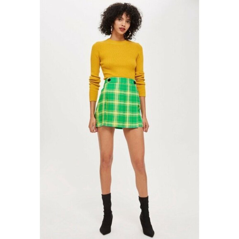 TOPSHOP Mini Skirt Green Yellow Check Tartan Button Pleated Wrap SZ 8 NEW